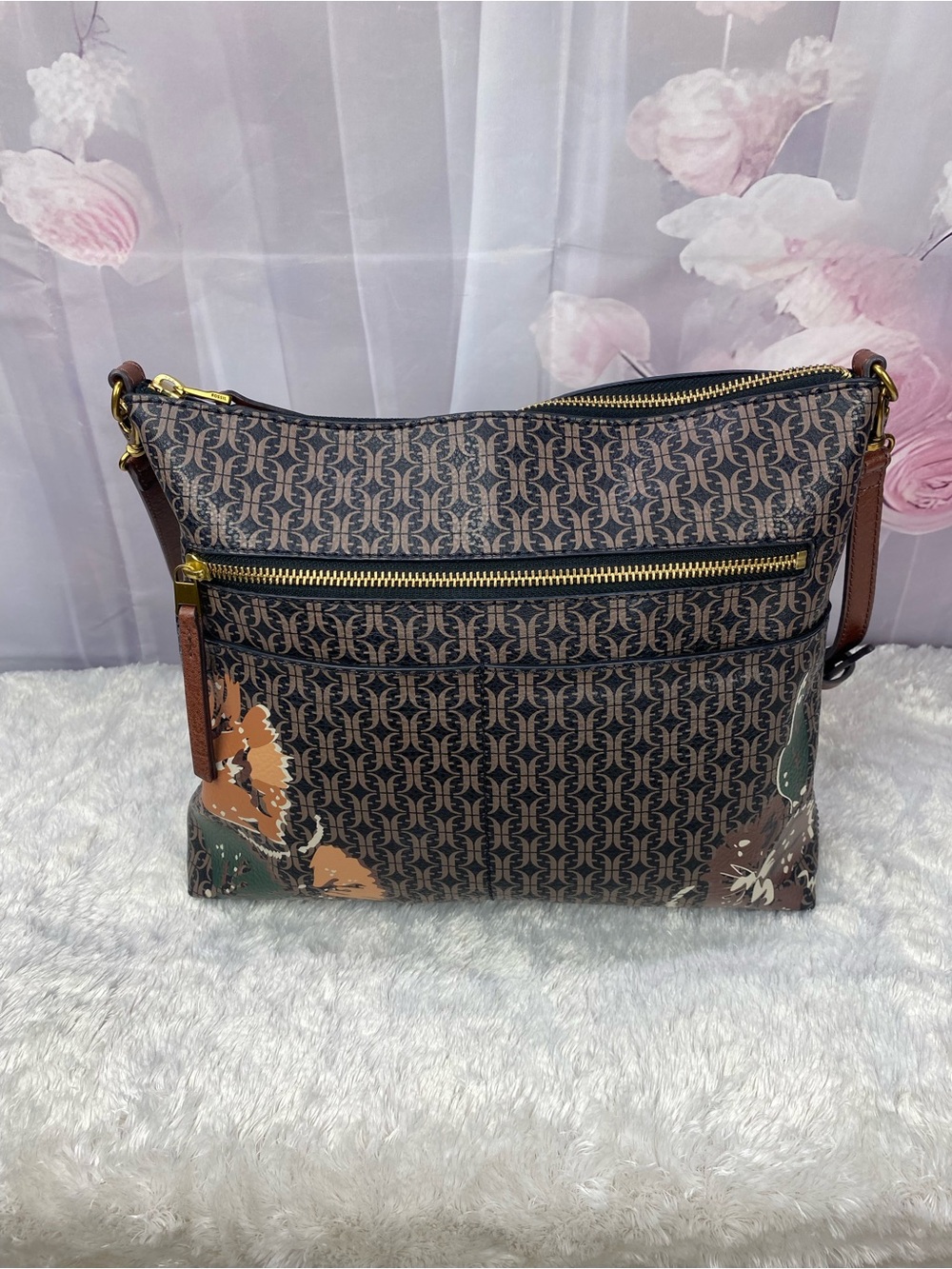 Beautiful Fossil Monogram Pattern Crossbody Bag in Brown and Tan